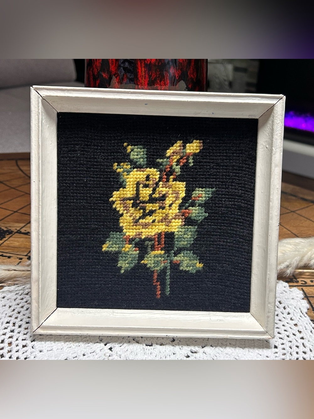 Vintage Needlepoint Rose Wall Art Pair | 7x7 Retro Floral Frames - Picture 3 of 5